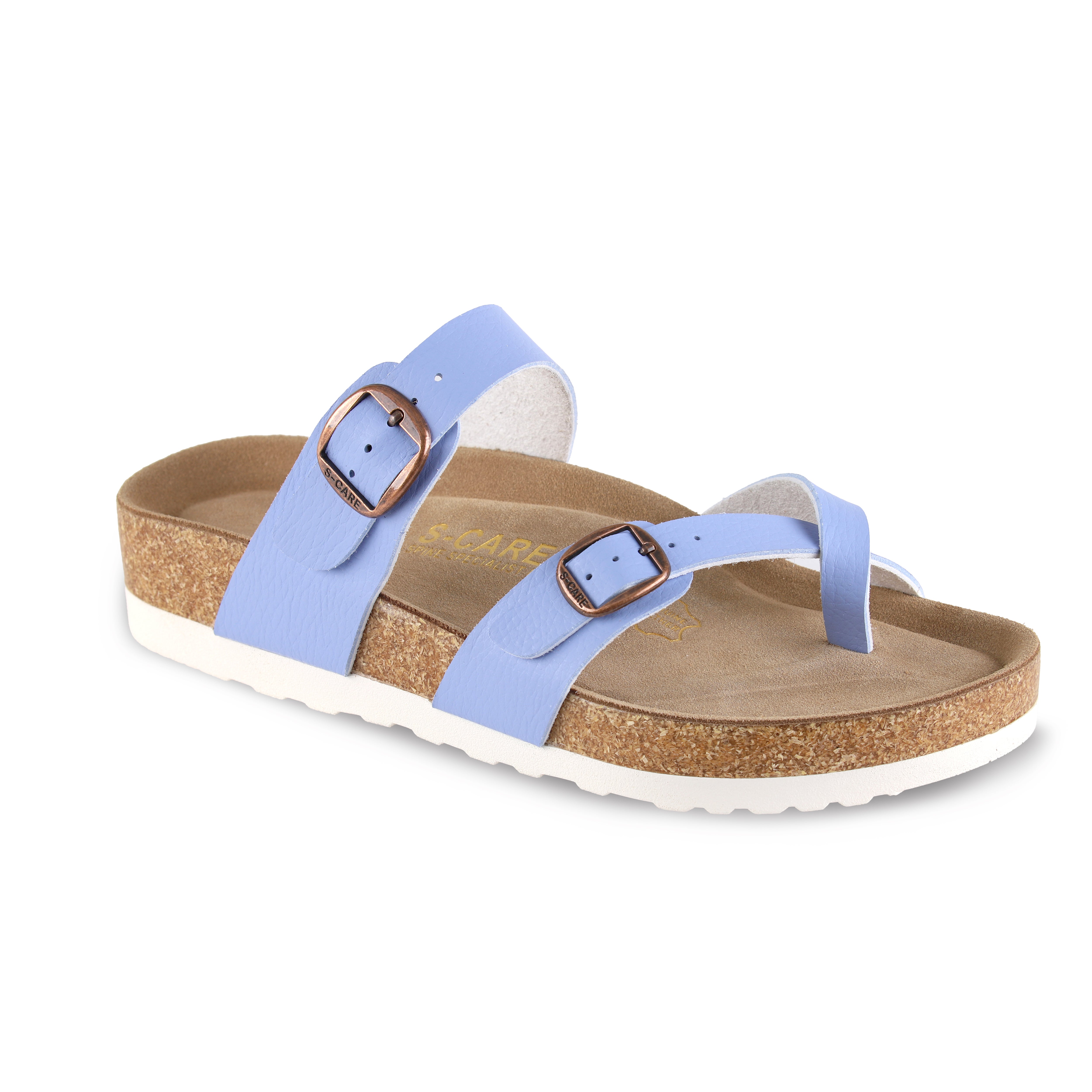 Front view of S-CARE Riyadh Sandals in light blue, showing a relaxed, casual dual-strap look.