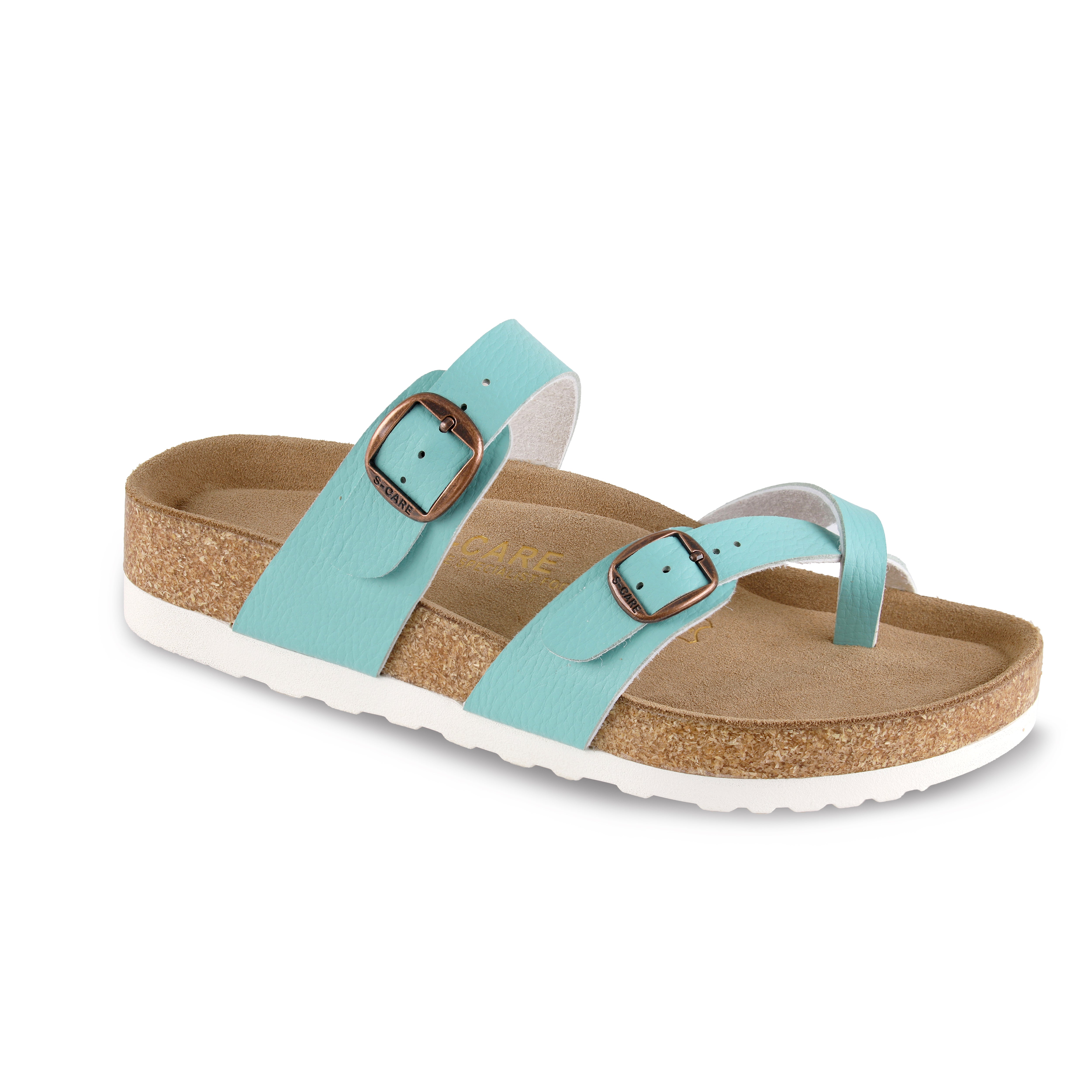 Front view of S-CARE Riyadh Sandals in Tiffany blue, featuring a soft, stylish dual-strap design.