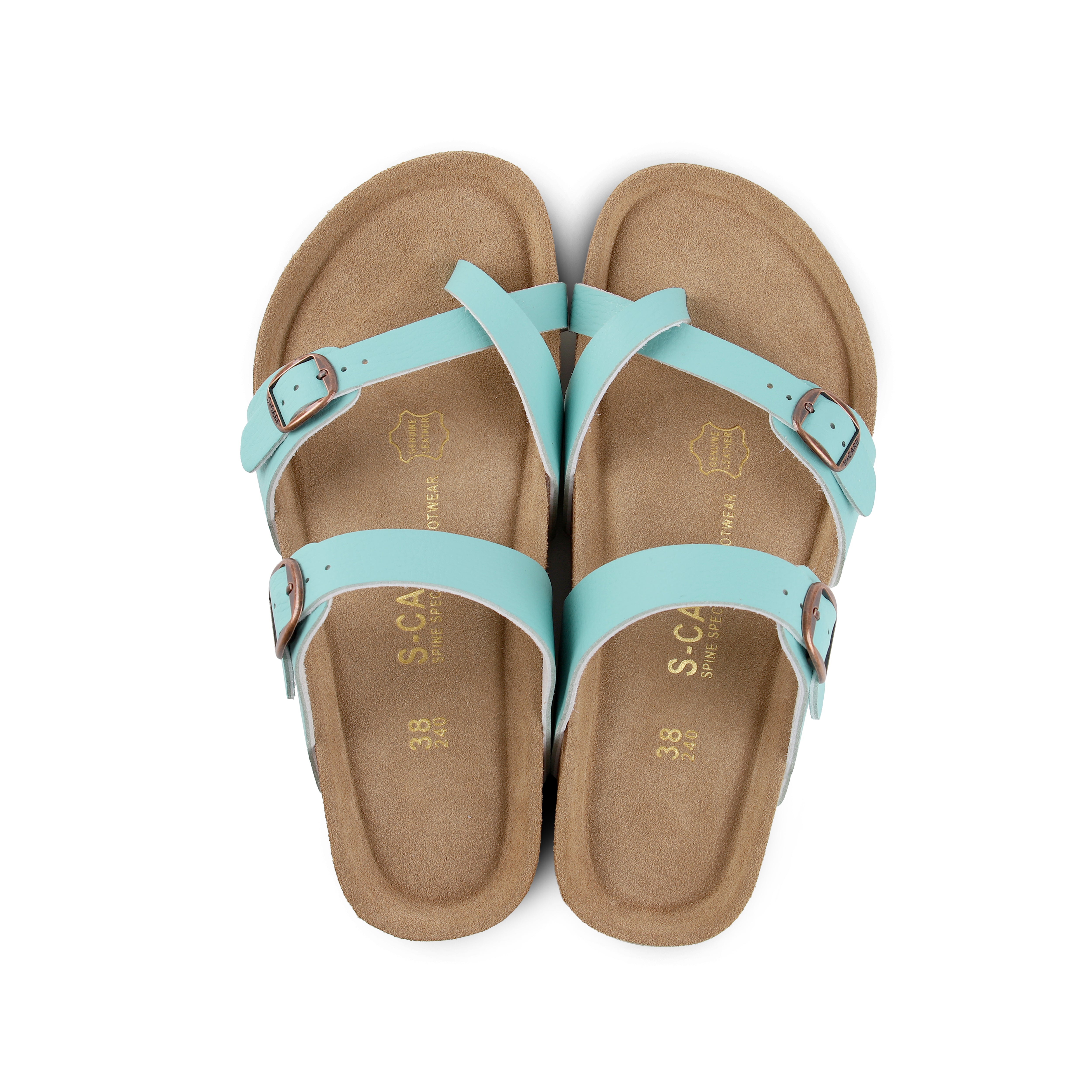 Top-down view of S-CARE Riyadh Sandals in Tiffany blue, showcasing the curved footbed and arch support.