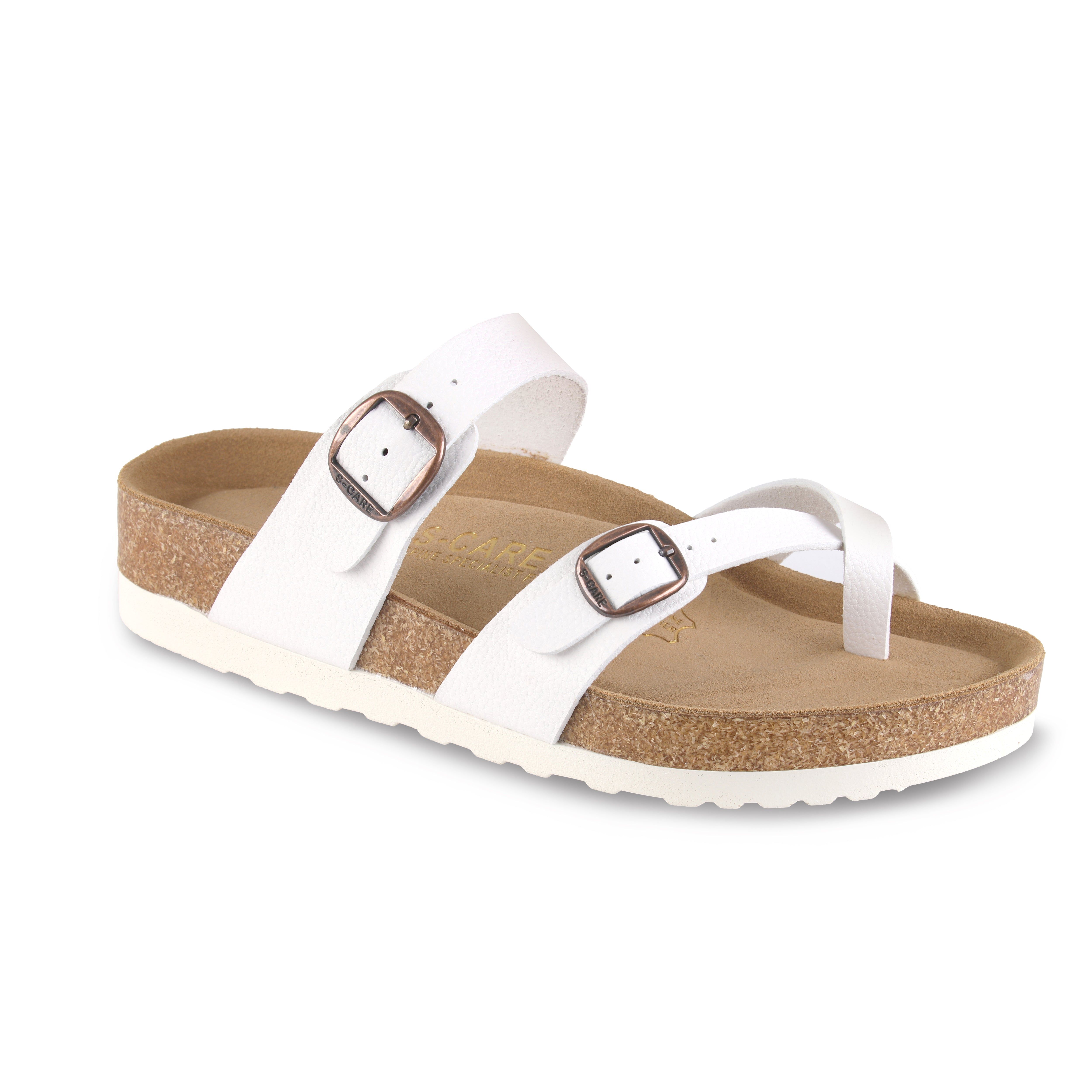 Front view of S-CARE Riyadh Sandals in white, showing the classic wide-strap design and open toe.